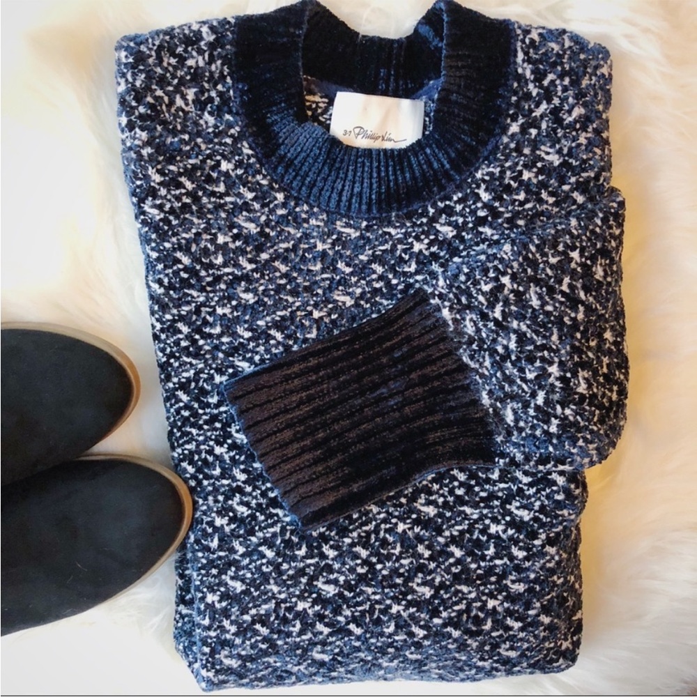 PHILLIP LIM velour sweater navy white rare soft